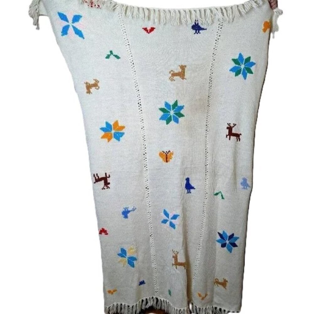 Vintage Knit‎ Afghan Blanket Fairycore Cottagecore Animal Nature Handmade Boho